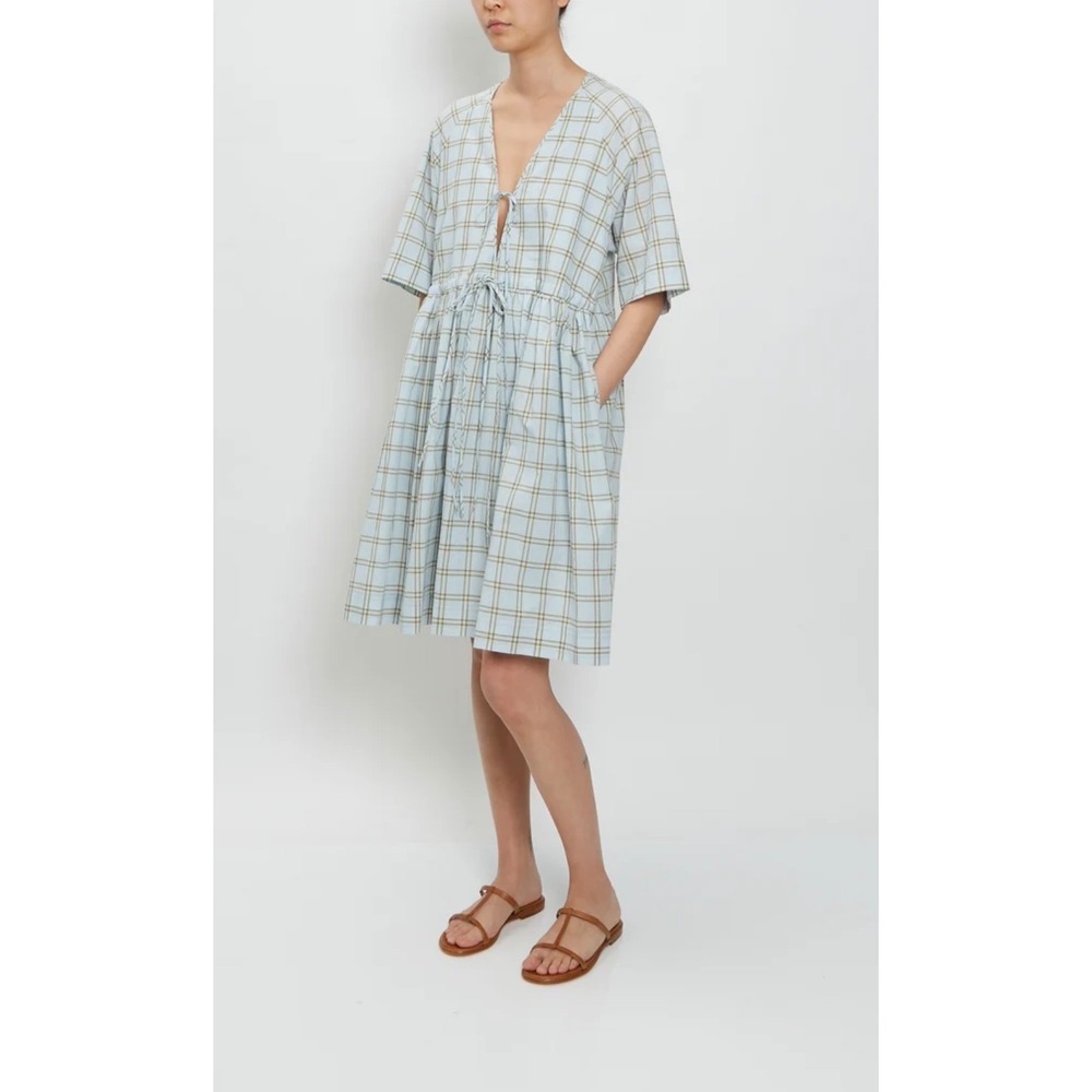 Sara Lanzi Minetta Dress Light Blue Tan Plaid Cotton Tie Front Babydoll Small